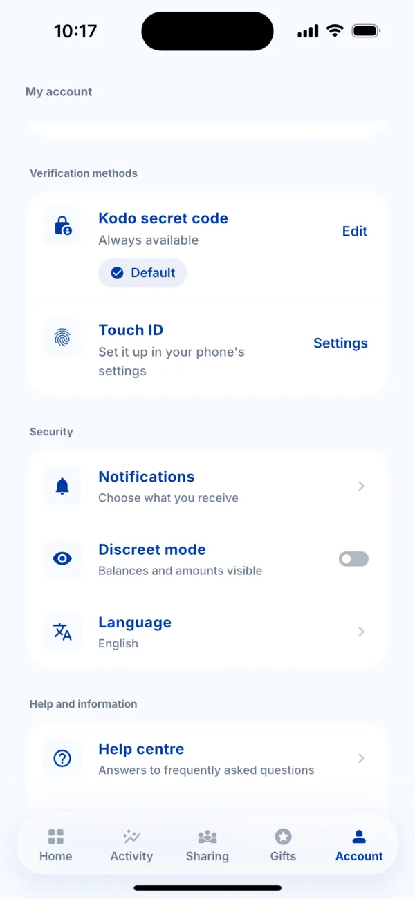 The Language row in the Account tab