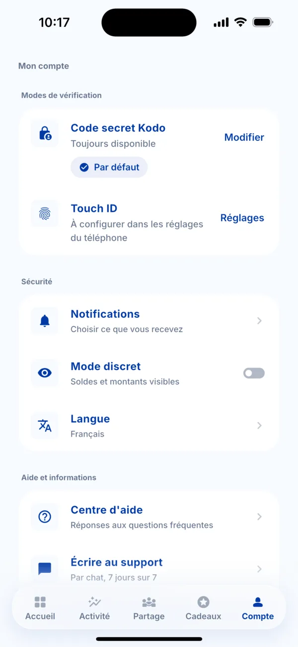 La ligne Langue dans l'onglet Compte