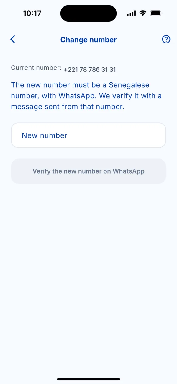 The « Change number » screen