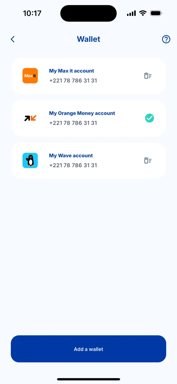 The Wallet screen with three payment methods