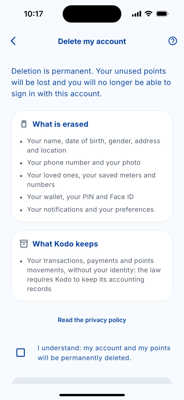 The « Delete my account » screen